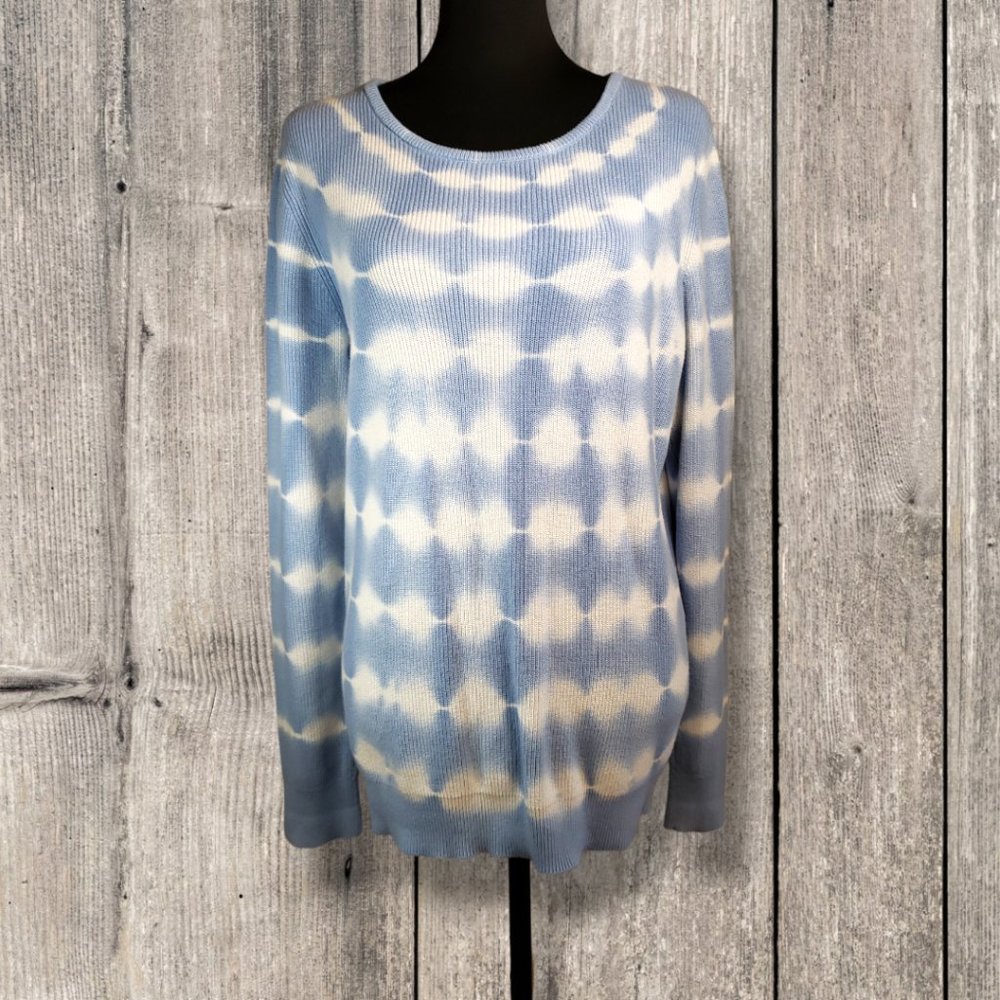 a.n.a. Womens Light Blue & White Tie Dye Rib Knit Scoopneck Sweater, Large
